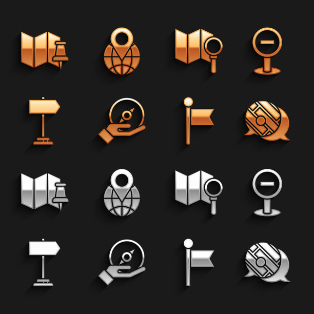 集指南针，停止标志，信息图的城市地图导航，位置标记，道路交通，搜索位置，折叠与推销和全球图标。向量图片下载