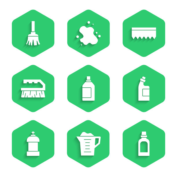集瓶清洗剂，洗衣粉，刷子，海绵和羽毛扫把图标。向量图片下载