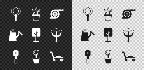 集花郁金香，植物在花盆，花园软管，铲子，割草机，浇水罐和森林图标。向量图片下载