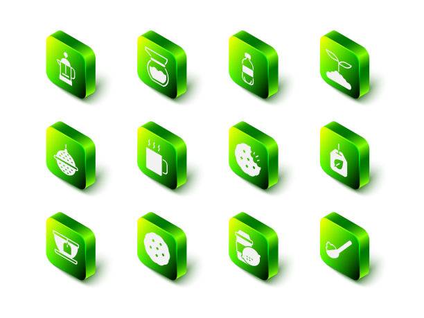 集茶壶，瓶装水，叶，袋，勺糖，饼干或饼干，杯茶柠檬和图标。向量图片下载