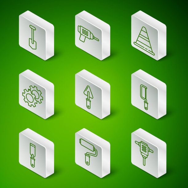 集线电动旋转锤钻，油漆滚筒刷，铲子，镘刀，齿轮，机器，锉刀金属文件和钢锯图标。向量图片下载