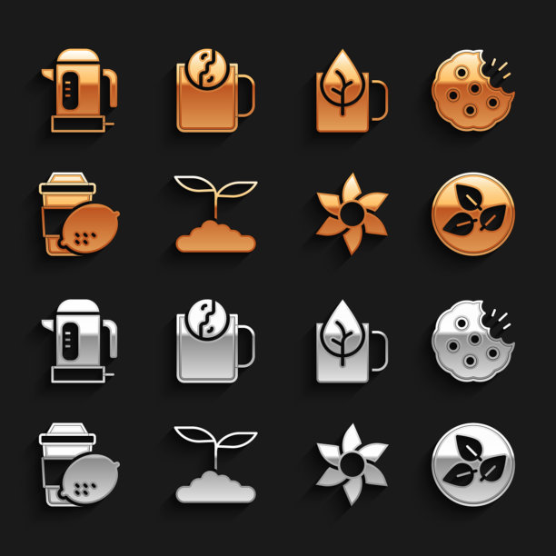 设置茶叶，饼干或饼干，花，一杯柠檬茶，电热水壶和时间图标。向量图片下载