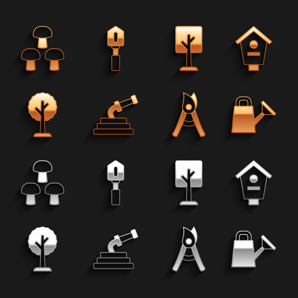 集花园软管，鸟屋，喷壶，园艺手工剪刀，森林，蘑菇和铲子图标。向量图片下载