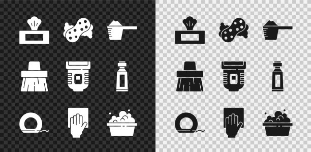 集湿擦拭包，海绵，洗衣粉，牙线，清洁服务，盆与肥皂泡沫，处理扫帚和脱毛器图标。向量图片下载