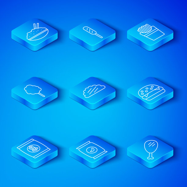 设线硬面包夹饼干，玉米饼，袋包薯片，汉堡，土豆薯条在盒子里，棉花糖，米饭碗筷子和鸡腿图标。向量图片下载