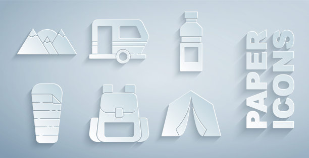 集徒步背包，瓶装水，睡袋，旅游帐篷，房车露营拖车和山的图标。向量图片下载