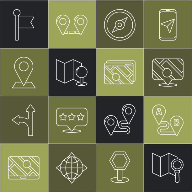 设置线搜索位置，路线，信息图的城市地图导航，指南针，折叠与推销，位置，标记和图标。向量图片下载