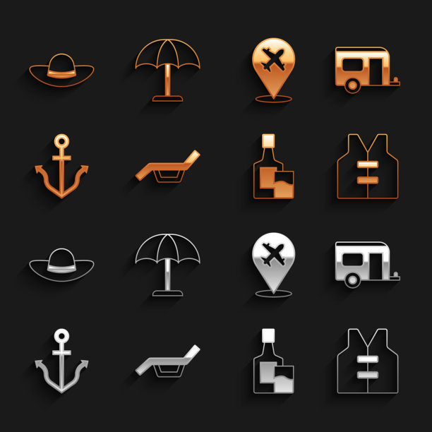 集日光浴床和伞，房车露营拖车，救生衣，威士忌酒瓶玻璃，锚，飞机，优雅的女人帽子和保护图标。向量图片下载