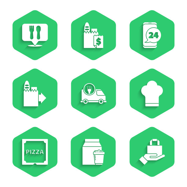集汽车快速送货，在线订购和，厨师帽，披萨纸箱，食品和咖啡馆餐厅的位置图标。向量图片下载
