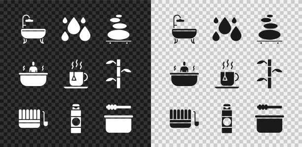 集浴缸，水滴，堆热石，桑拿桶和勺子，面霜或洗剂化妆品管，茶杯与茶包图标。向量图片下载