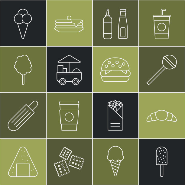 设置线冰淇淋，牛角包，棒棒糖，酱汁瓶，快餐车，棉花糖，在华夫饼筒和汉堡图标。向量图片下载