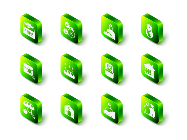 设置没有钱，喂养无家可归者，住所，房子与美元，垃圾袋，睡眠，成长和教堂建筑图标。向量图片下载