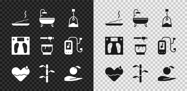 集香薰水疗棒，浴缸，茶包，心脏愈合，竹茎与叶，苹果在手，浴室鳞片和蜂蜜勺碗图标。向量图片下载