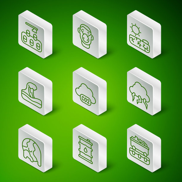 煤炭火车，桶油，森林砍伐，二氧化碳排放云，海啸，面罩，全球变暖和风暴图标。向量图片下载