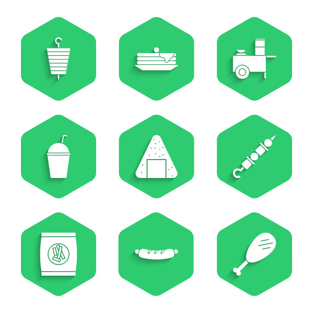 集饭团，热狗三明治，鸡腿，烤羊肉串，硬面包夹饼干，奶昔，快餐车和图标。向量图片下载