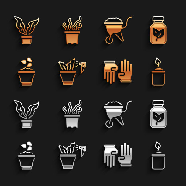 集喷洒植物，化肥瓶，发芽，橡胶手套，种子碗，手推车与泥土，花盆和异国情调的热带图标。向量图片下载