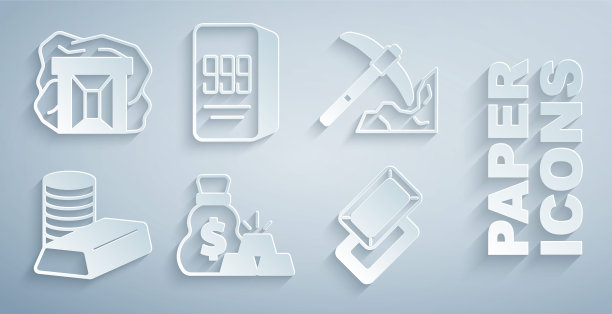 集金条袋，金矿，硬币，24k和矿山图标。向量图片下载