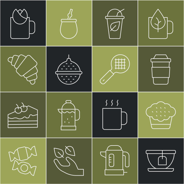 设置线杯与茶包，松饼，叶，球过滤器，牛角包，玫瑰和茶处理图标。向量图片下载