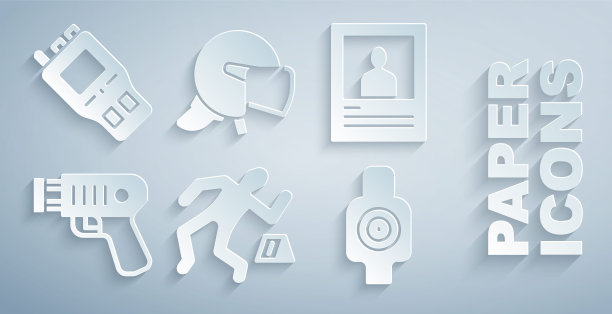 设置犯罪现场，通缉海报，警察电击器，人体目标运动射击，头盔和对讲机图标。向量图片下载