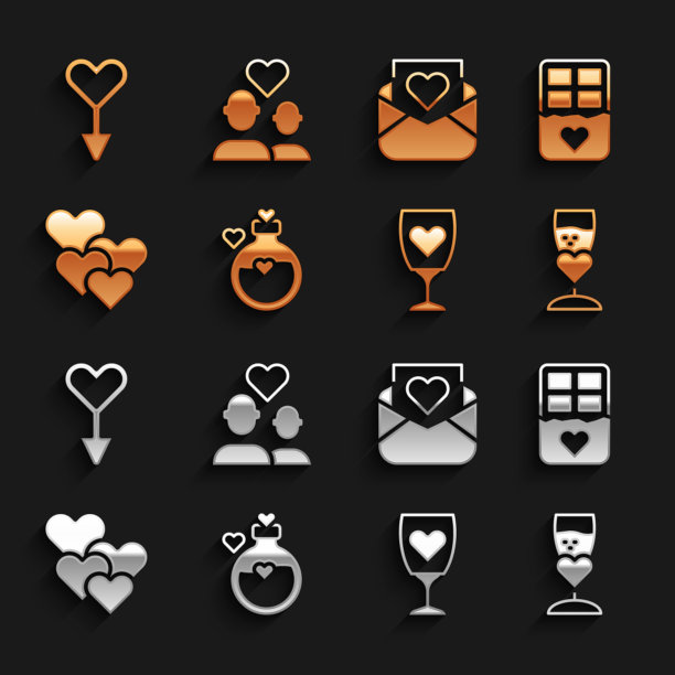 集瓶与爱情药水，巧克力棒，香槟杯，心，信封情人节的心，女性性别符号和情人夫妇的图标。向量图片下载