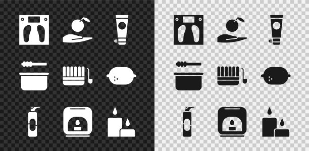 设置浴室秤，苹果在手，面霜或乳液化妆管，喷雾罐发胶，香气灯，燃烧的蜡烛，桑拿桶勺和图标。向量图片下载