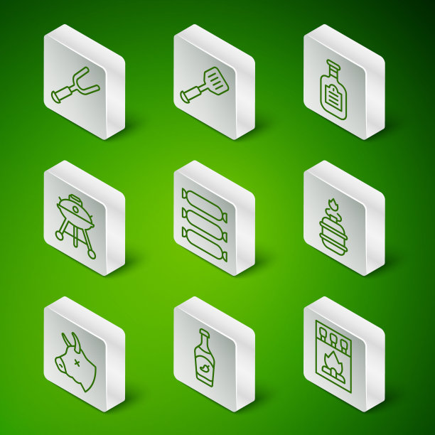 集线火柴盒和火柴，番茄酱瓶，烧烤叉，香肠，烤架，锅铲，牛头和露营煤气灶图标。向量图片下载