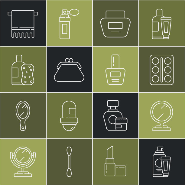 套装线面霜或乳液化妆管，圆化妆镜，眼影盘，手包，洗发水和海绵，毛巾架和指甲油瓶图标。向量图片下载