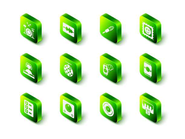 设置音乐波均衡器，音频插孔，LSD酸标记，啤酒罐，立体声扬声器，黑胶唱片和鼓机图标。向量图片下载