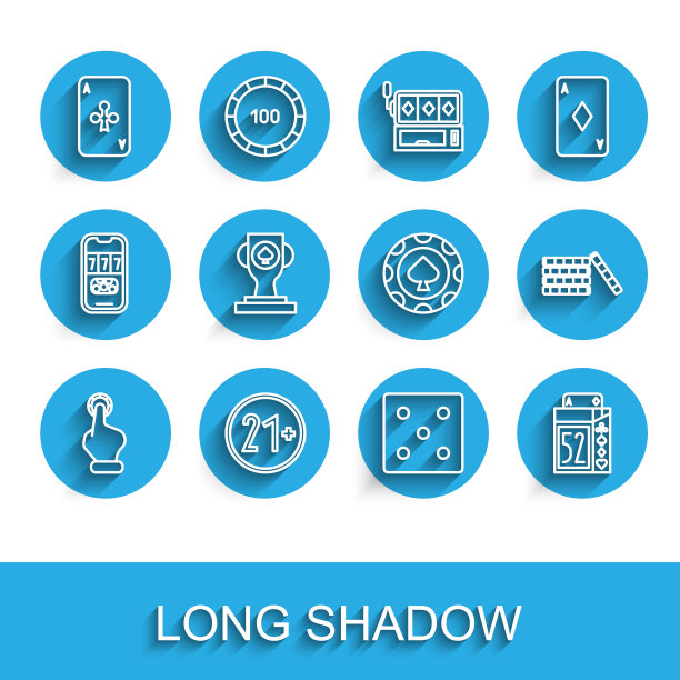设置线手持赌场筹码，21 +，扑克牌与俱乐部，游戏骰子，扑克牌，赌场扑克奖杯杯，和图标。向量图片下载