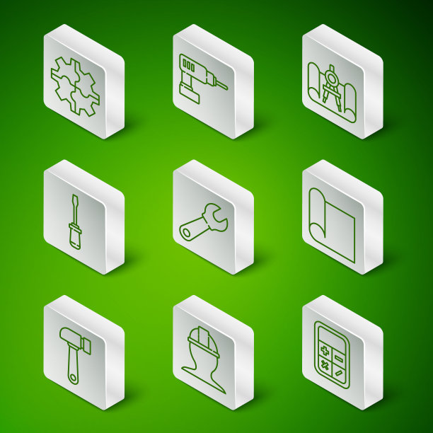 配备生产线计算器，工人安全帽，齿轮，扳手，螺丝刀，电钻，锤子和工程图标绘图纸。向量图片下载