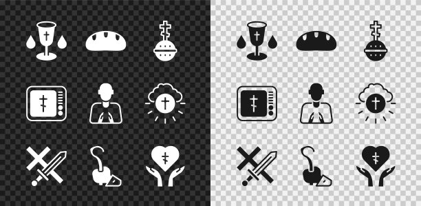 设置基督教圣杯，面包，十字架，十字军东征，魔法工作人员，宗教在心里，在线教会牧师讲道和双手祈祷的位置图标。向量图片下载