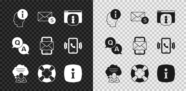 设置信息，新，电子邮件传入消息，监视器与常见问题的信息，语音气泡聊天，救生圈，问题和答案和移动信封图标。向量图片下载