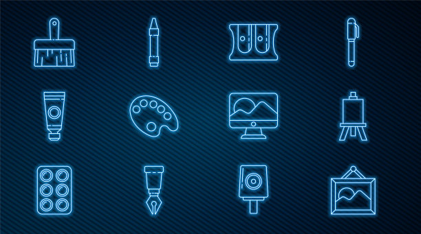 设置线图片景观，画架或绘画艺术板，卷笔刀，调色板，管与调色板，油漆刷，电脑显示器屏幕和蜡笔绘制图标。向量图片下载