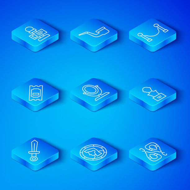 集线中世纪的剑，圆化妆镜，古代硬币，石膏头雕塑胸围，绳屏障，电影票，麦克风和耳环图标。向量图片下载