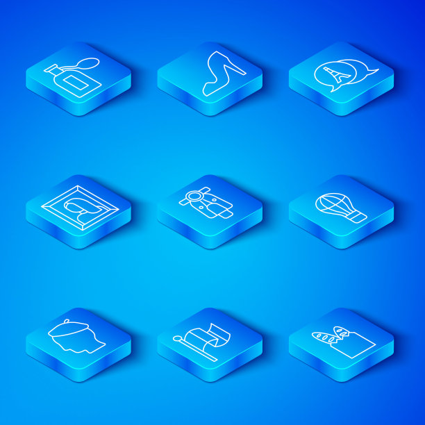 集线法国人，摩托车，法国国旗，热气球，埃菲尔铁塔，肖像画在博物馆，香水和法棍面包图标。向量图片下载