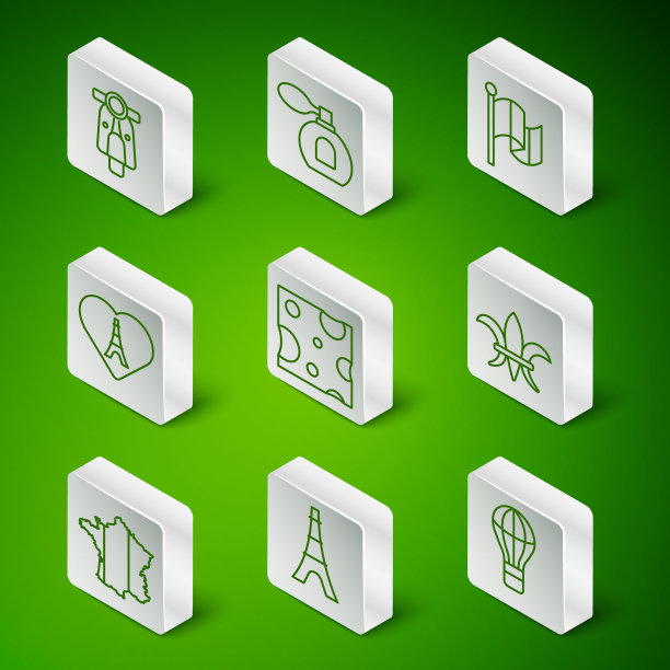 集线热气球，埃菲尔铁塔，摩托车，奶酪，心脏，香水，地图的法国和芙蓉德丽斯图标。向量图片下载