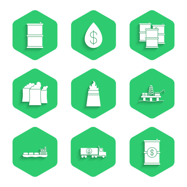 集石油钻机与火，油罐车，桶油美元，平台在海上，油轮，工业厂房，和图标。向量图片下载