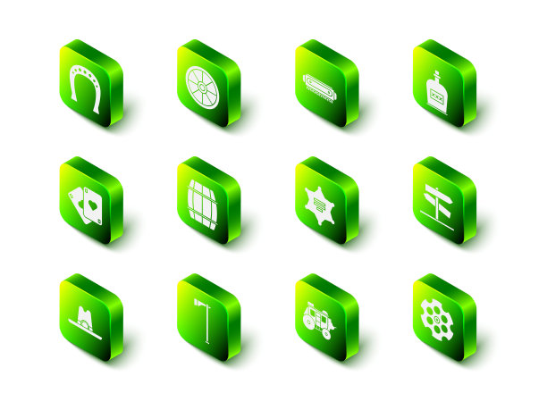 集旧木轮，口琴，酒精饮料朗姆酒瓶，道路交通路标，左轮手枪圆筒，六角星警长，西部驿马车和战斧图标。向量图片下载