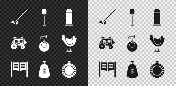 设置美国土著印第安人吸烟烟斗，铲子，子弹，沙龙门，钱袋，食堂水壶，西方马车和炸弹准备爆炸的图标。向量图片下载