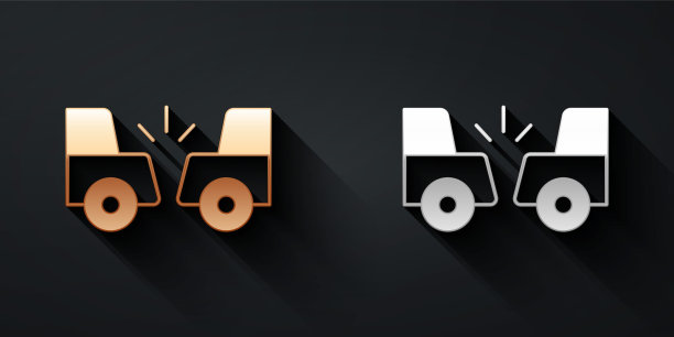 金色和银色的汽车事故图标孤立的黑色背景。涉及两辆车的车祸。长影式。向量图片下载