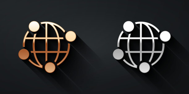全球科技或社交网络图标孤立的黑色背景。长影式。向量图片下载
