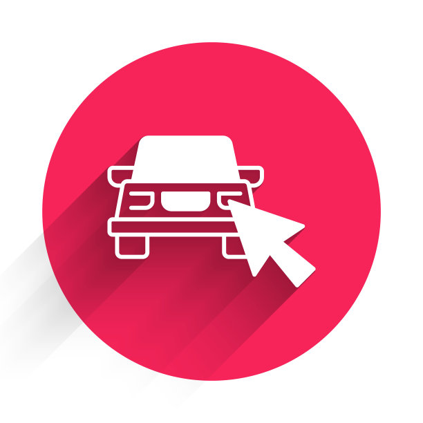 白色在线汽车共享图标与长阴影背景隔离。网上租车服务。笔记本电脑在线预订设计概念。红色圆圈按钮。向量图片下载