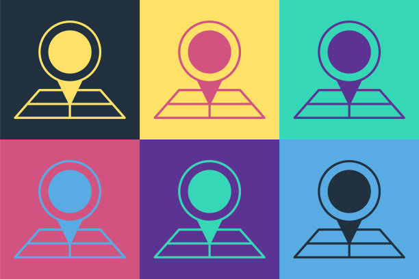 折叠地图与位置标记图标孤立的彩色背景。向量图片下载