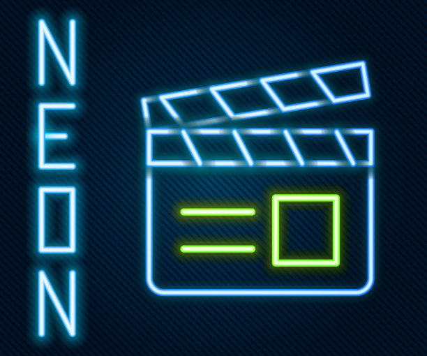 发光的霓虹灯线电影拍手图标孤立的黑色背景。电影拍板。拍板的迹象。电影制作或媒体行业。色彩缤纷的轮廓概念。向量图片下载