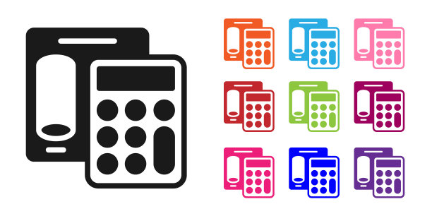 黑色计算器图标孤立在白色背景。会计的象征。商业计算、数学教育和金融。设置图标彩色。向量图片下载