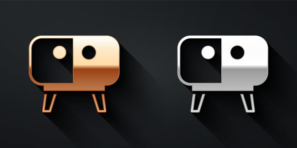 金色和银色电视桌站图标孤立的黑色背景。长影式。向量图片下载