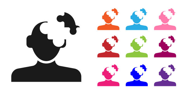 黑色解决了心理图标孤立在白色背景上的问题。谜题。心理健康治疗。设置图标彩色。向量图片下载