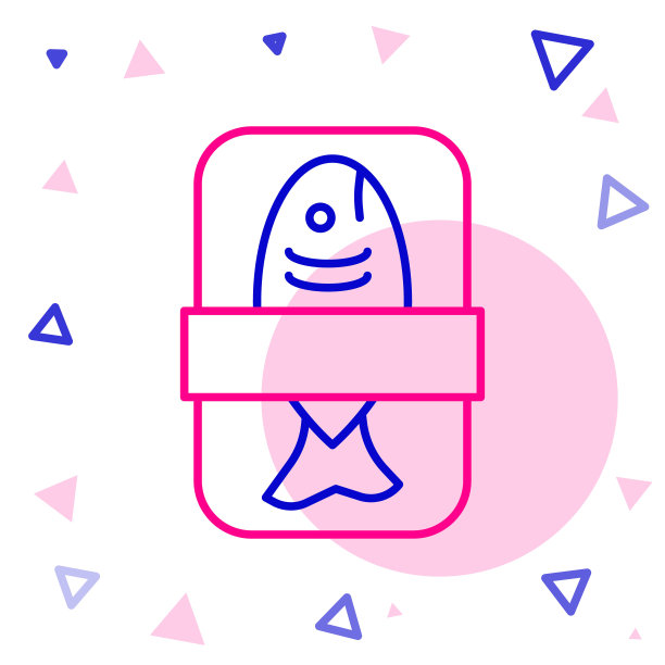 线鱼塑料托盘容器玻璃纸覆盖图标隔离在白色背景。色彩缤纷的轮廓概念。向量图片下载