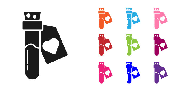 黑色的瓶子与爱情药水图标孤立的白色背景。情人节的象征。设置图标彩色。向量图片下载