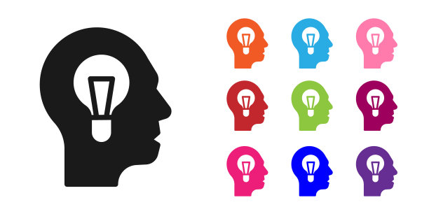 黑色人类与灯泡图标隔离在白色背景。观念的概念。设置图标彩色。向量图片下载
